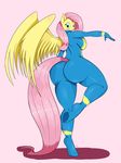  2015 anthro anthrofied big_butt blue_eyes blush butt clothed clothing equine female fluttershy_(mlp) friendship_is_magic hair hi_res long_hair looking_back mammal my_little_pony open_mouth pegasus pink_hair raised_leg simple_background skinsuit solo suirano wings 
