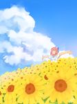  amino_(tn7135) bad_id bad_pixiv_id blue_sky bow casual closed_eyes cloud day field flower flower_field hair_bow kohaku outstretched_arms pink_hair shirt short_hair sky smile solo sunflower t-shirt tsukihime 