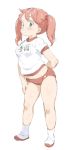  1girl animal_ears arm_behind_back bangs black_eyes bunny_ears buruma character_request copyright_request full_body gym_shirt gym_uniform hand_on_own_leg looking_at_viewer name_tag randou red_buruma red_hair shirt shoes short_sleeves simple_background socks solo standing twintails uwabaki white_background white_legwear 