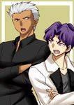  archer back-to-back blue_hair brown_eyes crossed_arms dark_skin dark_skinned_male fate/stay_night fate_(series) height_difference male_focus matou_shinji multiple_boys purple_eyes ribbon_bangs silver_hair urako 