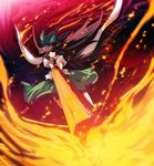  arm_cannon black_hair black_wings bow cape firing hair_bow long_hair puffy_short_sleeves puffy_sleeves reiuji_utsuho shirt short_sleeves skirt smile solo third_eye tokiame touhou very_long_hair weapon wind wings 