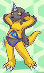  barefoot blush briefs cel_shading chubby closed_eys clothing dancing digimon digital_media_(artwork) english_text eyes_closed fan_character front_view gabumon horn lalzimsooodrunkrightnow lizard pelt reptile scalie signature sound_effects standing text underwear 