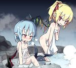  alternate_hairstyle bat_wings bathing blonde_hair blue_hair blush covering fang flandre_scarlet hair_ribbon multiple_girls naked_towel naughty_face noya_makoto nude_cover onsen open_mouth pointy_ears ponytail red_eyes remilia_scarlet ribbon siblings sisters sitting smile standing steam sweat touhou towel wings 