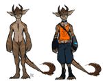  2015 alien armpit_hair blue_eyes body_hair brown_fur chest_hair claws clothing collar dragon ear_piercing featureless_crotch fur furred_dragon happy_trail horn male model_sheet mutisija nipples nude piercing pubes shirt shorts simple_background solo stripes tank_top white_background 
