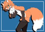  anthro bent_over breasts canine clothing covering covering_breasts female fox green_eyes hair legwear looking_at_viewer mammal nogi open_mouth orange_hair simple_background solo stockings 