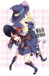  back-to-back blonde_hair blue_eyes boots brown_hair copyright_name diana_cavendish hat hidaka_ryou highres kagari_atsuko little_witch_academia long_hair multiple_girls red_eyes wand witch witch_hat 