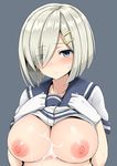  blue_eyes blush breast_suppress breasts cum cum_on_body cum_on_breasts cum_on_upper_body eyes_visible_through_hair gloves hair_ornament hair_over_one_eye hairclip hamakaze_(kantai_collection) kantai_collection large_breasts mitsukazu_(nijigen_complex) nipples school_uniform serafuku shirt_lift short_hair short_sleeves silver_hair solo sweat upper_body white_gloves 