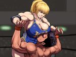  1boy 1girl abs arms_up black_hair blonde_hair blue_eyes breast_smother breasts huge_breasts lips long_hair makya muscle ponytail short_hair skin_tight smile strength sweat wide_hips wrestling 