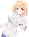  antenna_hair arcueid_brunestud blue_ribbon breasts going_9240 hair_intakes highres impossible_clothes impossible_sweater large_breasts parody rei_no_himo ribbon solo sweater tsukihime turtleneck 