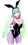  animal_ears between_breasts blue_hair bow bowtie breast_squeeze breasts bulma bunny_ears bunny_tail bunnysuit cleavage dated detached_collar detached_sleeves dragon_ball dragon_ball_(classic) green_eyes grin head_tilt huge_breasts konkitto lighter long_hair looking_at_viewer pantyhose purple_legwear smile solo tail wrist_cuffs 