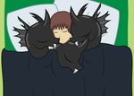  anon badumsquish bed brown_hair changeling cuddling eyes_closed fangs group hair horn human lying male mammal my_little_pony pillow sleeping 
