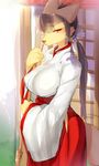  anthro artist_request big_breasts breasts brown_hair canine clothing copyright_request dog female fur furry hair japanese_clothes japanese_clothing kemono kimono ksyaro long_hair looking_at_viewer mammal miko outside ponytail red_eyes shrine_maiden solo yellow_fur 