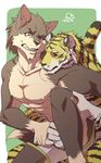  abs anthro biceps bulge canine clothed clothing duo feline half-dressed male mammal muscles pecs tiger toned topless underwear wolf ナグリ 