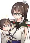  :o aircraft airplane bespectacled brown_eyes brown_hair dated glasses helicopter japan_maritime_self-defense_force japan_self-defense_force japanese_clothes kaga_(jmsdf) kaga_(kantai_collection) kantai_collection long_sleeves military multiple_girls nekobaka open_mouth ponytail short_hair side_ponytail simple_background sparkle sweat toy toy_airplane twitter_username white_background younger 
