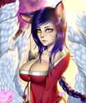  2014 ahri amber_eyes animal_humanoid big_breasts blue_hair breasts canine cleavage clothed clothing doomthewolf female fox fox_humanoid fur hair human humanoid league_of_legends long_hair looking_at_viewer mammal multiple_tails pointy_ears solo video_games white_fur 