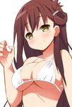  9law bikini_top breasts brown_hair folded_hair gakkou_gurashi! green_eyes hair_ornament hairclip large_breasts long_hair looking_at_viewer mole mole_under_eye smile solo underboob wakasa_yuuri yellow_eyes 