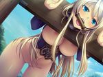  1girl blonde_hair blue_eyes breasts female gag gagged game_cg kantaka liquid_(company) long_hair mashou_no_nie mashou_no_nie_3 midriff mireille_von_austria navel nipples open_mouth pillory solo stocks 