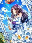  1girl bare_shoulders blue_bow bow braid breasts cleavage closed_mouth dress elbow_gloves female frills gloves hair_bow hair_ribbon hime_cut interitio long_gloves long_hair looking_at_viewer purple_bow purple_eyes purple_hair ribbon smile solo sunbeam tenka_touitsu_chronicle wedding_dress white_gloves 