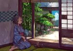  bamboo black_hair cup drinking_glass fan food fusuma ice ice_cube japanese_clothes kimono looking_at_viewer mole mole_under_mouth original purple_eyes shouji sitting sliding_doors solo suzuno_(bookshelf) tatami tray wagashi yokozuwari youkan_(food) 