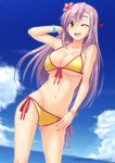  bikini bracelet breasts cleavage cloud day flower front-tie_top hair_flower hair_ornament hibiscus jewelry large_breasts long_hair looking_at_viewer miyai_sen nail_polish navel one_eye_closed open_mouth original purple_hair shiny shiny_skin side-tie_bikini sky smile solo swimsuit yellow_eyes 