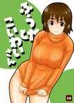  ayase_fuuka blush bottomless breasts brown_eyes brown_hair clothes_tug eyebrows eyebrows_visible_through_hair groin large_breasts murderhouse naked_sweater orange_shirt ribbed_sweater shirt short_hair solo sweater sweater_tug thick_eyebrows turtleneck yotsubato! 