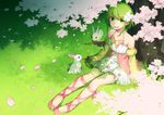  amarisu ankle_lace-up bare_shoulders bunny cherry_blossoms cross-laced_footwear detached_sleeves dress flower grass green_eyes green_hair hair_flower hair_ornament original petals short_hair sitting smile solo tree 