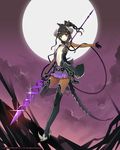  black_hair breasts cleavage cloud dated full_moon lost_crusade mami_(apsaras) midriff moon official_art pointy_ears polearm red_eyes revealing_clothes short_hair skirt sky small_breasts solo spear thighhighs weapon 