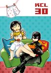  2girls barefoot batman_(series) black_hair blonde_hair boots cape cassandra_cain couch dc_comics green_upholstery halftone halftone_background hamster kandamari mask multiple_girls polka_dot_background ponytail red_robin s_shield shirt shorts sitting smile stephanie_brown t-shirt tim_drake video_game 