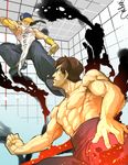  abs baggy_pants baseball_cap battle black_hair braid bridal_gauntlets chinese_clothes duel fei_long fighting_stance flying_kick hat hat_over_one_eye hymc kicking long_hair male_focus multiple_boys muscle pants shirtless shoes single_braid sleeveless sneakers street_fighter street_fighter_iv_(series) training_room yun_lee 