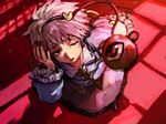  bad_id bad_twitter_id dutch_angle eyeball from_above hand_on_head heart itirirenn komeiji_satori long_sleeves looking_at_viewer looking_up one_eye_closed open_mouth pink_hair shirt short_hair skirt solo string third_eye touhou wide_sleeves 