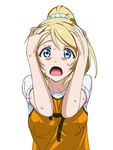  a1 ayase_eli bangs blonde_hair blue_eyes d: hands_on_own_head looking_at_viewer love_live! love_live!_school_idol_project open_mouth parted_bangs ponytail raglan_sleeves scrunchie shirt simple_background sleeves_rolled_up solo sportswear surprised sweat uniform_number upper_body white_background 