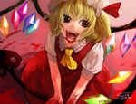  ascot blonde_hair blood blood_in_mouth blood_on_face crystal dated downscaled fangs flandre_scarlet gradient gradient_background hat hat_ribbon itirirenn laevatein looking_at_viewer md5_mismatch mob_cap puffy_sleeves red_background red_eyes resized ribbon shirt short_hair short_sleeves side_ponytail signature skirt skirt_set smile solo touhou vest wings 