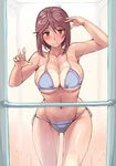  against_glass ass_visible_through_thighs bikini blush breast_press breasts breasts_on_glass brown_eyes brown_hair cleavage curvy groin large_breasts navel older rozen_maiden short_hair showering solo souseiseki swimsuit tan tanline tsuda_nanafushi wet 