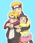  1girl 2boys blonde_hair blue_eyes blue_hair boruto:_naruto_the_movie brother_and_sister facial_mark father_and_daughter father_and_son multiple_boys naruto siblings simple_background time_paradox uzumaki_boruto uzumaki_himawari uzumaki_naruto younger 