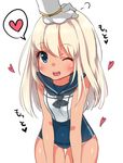  1girl ;) admiral_(kantai_collection) awata_mokane blonde_hair blue_eyes blush gloves heart kantai_collection long_hair one_eye_closed petting ro-500_(kantai_collection) school_uniform simple_background smile swimsuit swimsuit_under_clothes tan tanline translated white_background white_gloves 