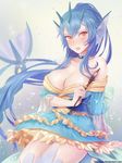  bad_id bad_pixiv_id blue_hair breasts calligraphy_brush cleavage covered_nipples fang gen_1_pokemon gyarados highres large_breasts long_hair open_mouth paintbrush personification pokemon red_eyes solo tasselcat 
