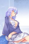  absurdres blue_hair blush breasts cleavage closed_eyes commentary fan gradient_hair hair_between_eyes highres japanese_clothes kimono kokka_han large_breasts letty_whiterock multicolored_hair purple_hair short_hair sitting solo touhou yukata 