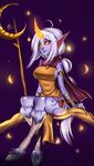  2015 anthro bandage big_breasts blue_fur breasts cape clothed clothing doomthewolf ear_piercing equine female fur hair half-closed_eyes hooves horn jewelry league_of_legends long_hair magic mammal orange_sclera piercing pointy_ears ponytail red_eyes sitting skimpy smile solo soraka staff unicorn video_games white_hair 