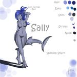  2014 anthro blue_eyes blue_hair blue_skin breasts claws doomthewolf ear_piercing english_text featureless_breasts featureless_crotch female fish hair marine model_sheet nude piercing pose raised_arm sally_(doomthewolf) shark slit_pupuls solo stripes text toe_claws 