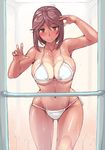  against_glass ass_visible_through_thighs bikini blush breast_press breasts breasts_on_glass brown_eyes brown_hair cleavage curvy groin highres large_breasts navel older rozen_maiden short_hair showering solo souseiseki swimsuit tan tanline tsuda_nanafushi wet 