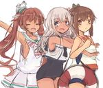  :d ^_^ armpits bare_arms blonde_hair brown_hair closed_eyes dress fang hair_ornament i-401_(kantai_collection) kantai_collection libeccio_(kantai_collection) lifebuoy long_hair multiple_girls open_mouth riruno ro-500_(kantai_collection) sailor_collar sailor_dress school_swimsuit school_uniform serafuku simple_background smile swimsuit swimsuit_under_clothes tan twintails white_background 