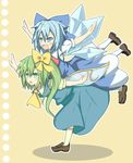  awa_hirotaka blue_bow blue_eyes blue_hair blush bow brown_footwear cirno daiyousei dress fang green_eyes green_hair hair_bow highres ice ice_wings multiple_girls open_mouth outstretched_arms overman_king_gainer parody ribbon shoes side_ponytail smile socks spread_arms touhou triangle_mouth white_legwear wings yellow_bow 