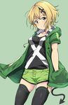  akatsuki_kirika alp blonde_hair blush breasts brown_eyes brown_hair green_eyes hair_ornament hands_together hood hoodie open_mouth senki_zesshou_symphogear short_hair small_breasts solo thighhighs 