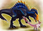  2015 abstract_background black_skin blue_skin claws cultmastersleet deinonychus dinosaur duo eye_contact feathers female feral king_the_spinosaurus looking_down looking_up male open_mouth pink_feathers raptor red_feathers side_view simple_background size_difference smile spinosaurus teeth tongue yellow_skin 