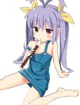  antenna_hair bare_legs bare_shoulders barefoot blush_stickers hair_ribbon instrument long_hair mirakichi miyauchi_renge naked_overalls non_non_biyori open_mouth overalls purple_hair recorder red_eyes ribbon sexually_suggestive simple_background sitting solo strap_slip triangle_mouth twintails white_background 