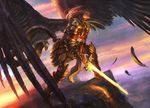  angel armor battle_armor black_wings cliffs feathers female flying full_body glowing glowing_eyes glowing_sword glowing_weapon grosnez magic_the_gathering outdoors plate_armor serra_angel sky solo sword weapon wings 