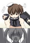  baby brown_eyes brown_hair clothes_writing commentary hat holding horror_(expression) japan_maritime_self-defense_force japan_self-defense_force kaga_(jmsdf) kaga_(kantai_collection) kantai_collection long_sleeves makishima_azusa military multiple_girls navel neckerchief open_mouth ponytail school_uniform serafuku shaded_face short_hair side_ponytail sweat translated twintails younger zuikaku_(kantai_collection) 