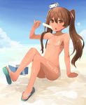  arm_support beach bikini brown_eyes brown_hair cooler dark_skin day flat_chest food hair_ribbon kantai_collection libeccio_(kantai_collection) looking_at_viewer micro_bikini open_mouth popsicle ribbon sandals shin_(new) side-tie_bikini sitting solo swimsuit tongue tongue_out twintails white_bikini 