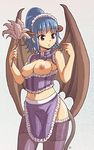  ashmet blue_hair breasts brown_eyes cleavage feather_duster felarya giantess headdress horns karbo large_breasts maid nipples short_hair solo tail thighhighs wings 