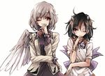  angel_wings arm_rest biting black_hair bow bracelet brooch brown_jacket covering_mouth cowboy_shot dress feathered_wings finger_biting hisona_(suaritesumi) horns imitating jacket jewelry kijin_seija kishin_sagume long_sleeves looking_at_another multicolored_hair multiple_girls one_eye_closed purple_dress red_eyes red_hair short_hair short_sleeves silver_hair single_wing streaked_hair symmetry touhou white_background white_dress white_hair white_wings wings 